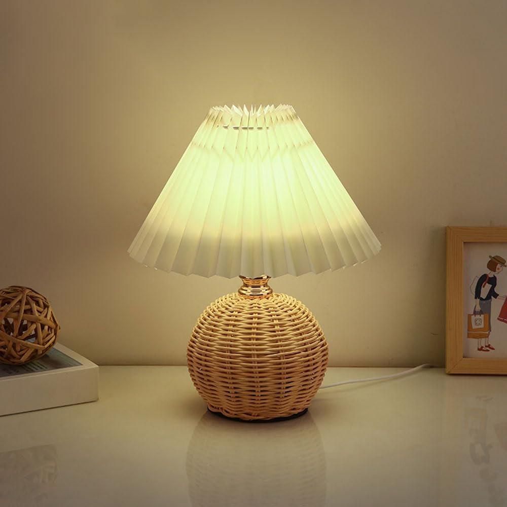 Desk Setup Aesthetic - SCKDAY LED Pleated Table Lamp Rattan