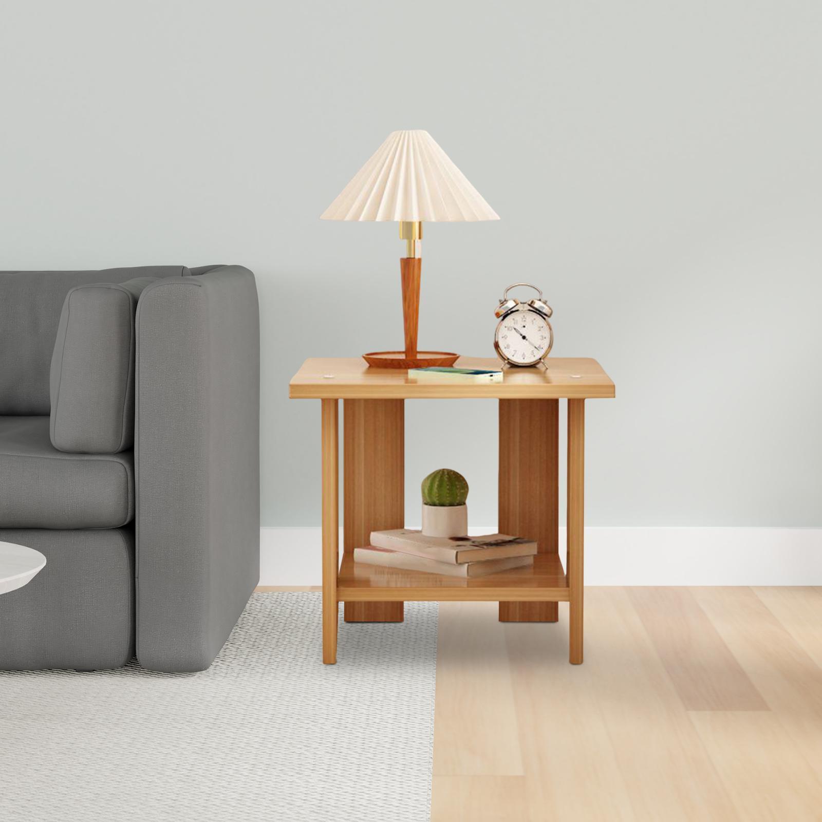 Desk Setup For Laptop - Wooden Double Layers Side Table Multifunctional