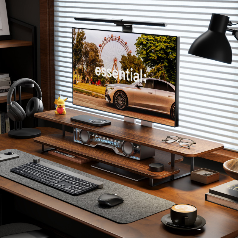 Walnut Finish Monitor Stand Ri - đánh giá và giá Desk Setup For Laptop And Monitor