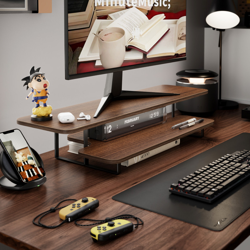 Walnut Finish Monitor Stand Ri - đánh giá và giá Desk Setup For Laptop And Monitor
