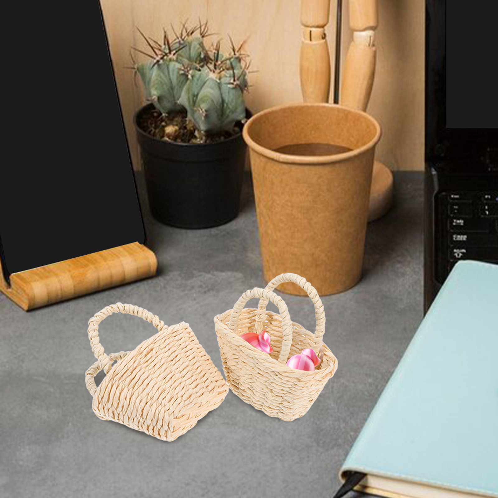 2Pcs Mini Raffia Handle Basket - đánh giá và giá Desk Setup Small Space